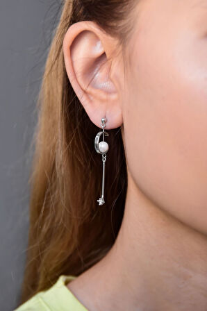 925 Ayar Gümüş Rodyum Kaplama Sallantılı Inci Tektaş Küpe Ve Halka Küpe