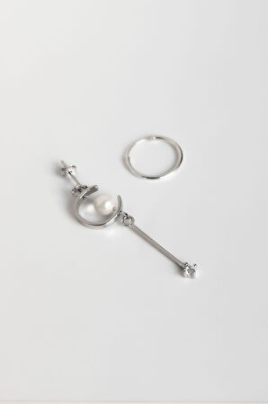 925 Ayar Gümüş Rodyum Kaplama Sallantılı Inci Tektaş Küpe Ve Halka Küpe