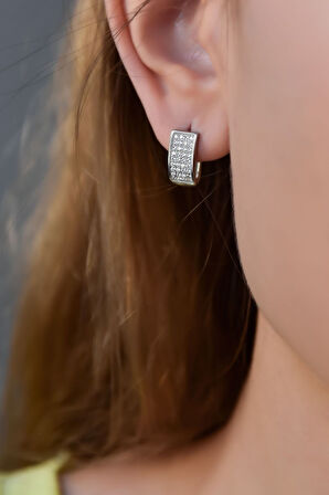 925 Ayar Gümüş Rodyum Kaplama 4 Sıra Taşlı Klipsli Kadın Küpe