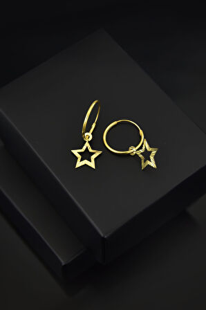 925 Ayar Gümüş Altın Kaplama Fırfırlı Yıldız Halka Küpe