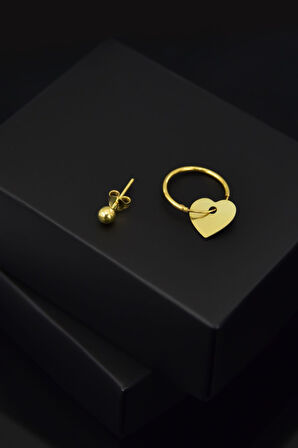 925 Ayar Gümüş Altın Kaplama Kalp Halka Ve Top Küpe