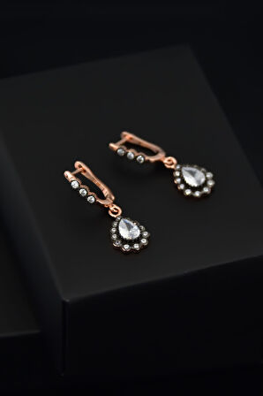 925 Ayar Gümüş Rose Kaplama Elmas Montür Damla Küpe