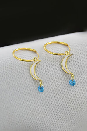 925 Ayar Gümüş Altın Kaplama Tek Taşlı Hilal Halka Küpe