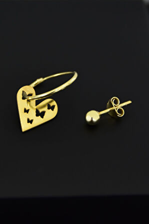 925 Ayar Gümüş Altın Kaplama Kelebek Motifli Kalp Halka Ve Top Küpe