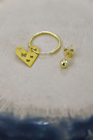 925 Ayar Gümüş Altın Kaplama Kelebek Motifli Kalp Halka Ve Top Küpe