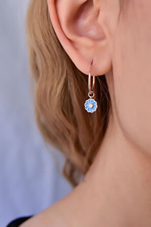 925 Ayar Gümüş Rose Kaplama Mavi Mineli Papatya Halka Küpe