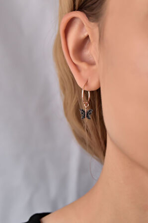 925 Ayar Gümüş Rose Kaplama Siyah Kelebek Halka Küpe