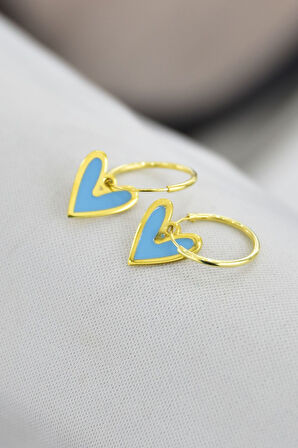 925 Ayar Gümüş Altın Kaplama Açık Mavi Mineli Kalp Halka Küpe