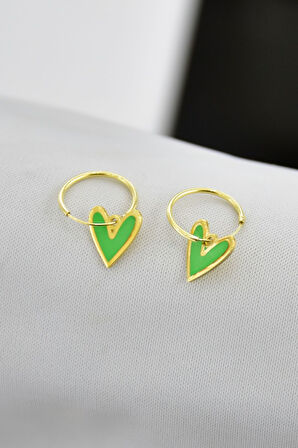 925 Ayar Gümüş Altın Kaplama Yeşil Mineli Kalp Halka Küpe