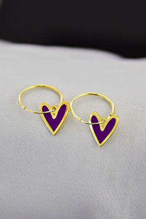 925 Ayar Gümüş Altın Kaplama Mor Mineli Kalp Halka Küpe