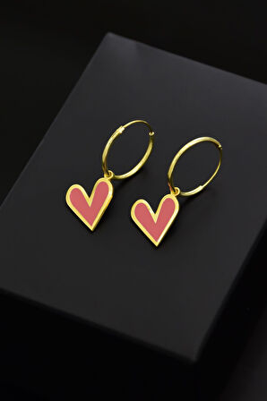 925 Ayar Gümüş Altın Kaplama Açık Pembe Mineli Kalp Halka Küpe