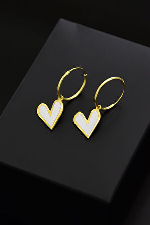 925 Ayar Gümüş Altın Kaplama Beyaz Mineli Kalp Halka Küpe