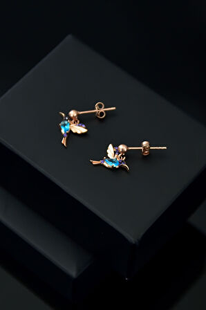 925 Ayar Gümüş Rose Kaplama Taşlı Çivili Kuş Küpe