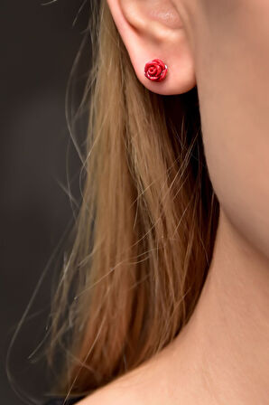 925 Ayar Gümüş Altın Kaplama Mercan Kırmızı Gül Küpe