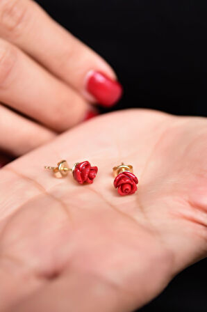925 Ayar Gümüş Altın Kaplama Mercan Kırmızı Gül Küpe