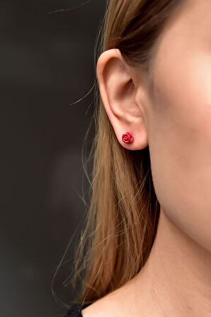 925 Ayar Gümüş Altın Kaplama Mercan Kırmızı Gül Küpe