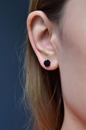 925 Ayar Gümüş Altın Kaplama Mercan Siyah Gül Küpe