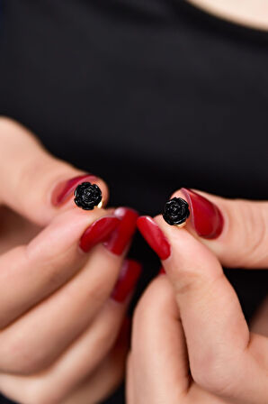 925 Ayar Gümüş Altın Kaplama Mercan Siyah Gül Küpe