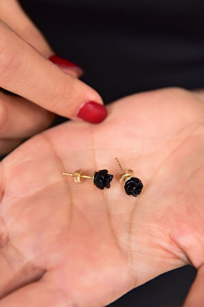 925 Ayar Gümüş Altın Kaplama Mercan Siyah Gül Küpe