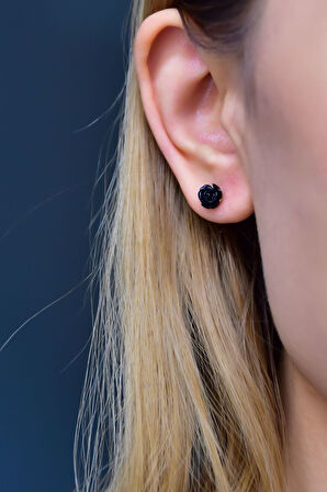 925 Ayar Gümüş Altın Kaplama Mercan Siyah Gül Küpe