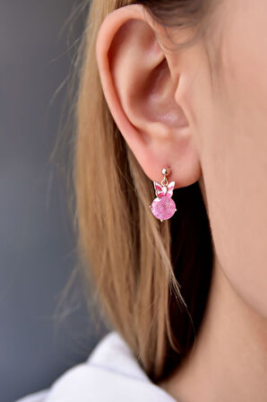 925 Ayar Gümüş Pembe Taşlı Kelebek Mineli Çivili Küpe