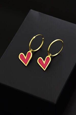 925 Ayar Gümüş Altın Kaplama Pembe Mineli Kalp Küpe