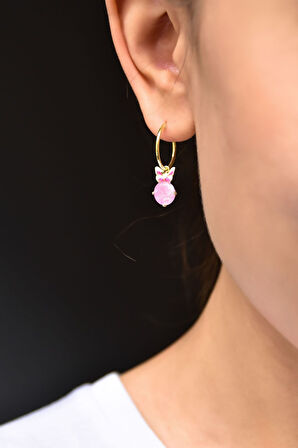 925 Ayar Gümüş Altın Kaplama Pembe Taşlı Kelebek Halka Küpe