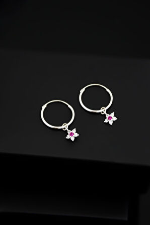 925 Ayar Gümüş Pembe Taşlı Yıldız Model Halka Küpe