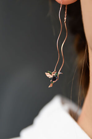 925 Ayar Gümüş Rose Kaplama Sarı Yeşil Taşlı Sevgi Kuşu Dalgalı Küpe