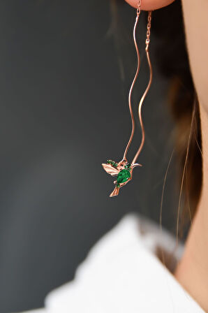 925 Ayar Gümüş Rose Kaplama Yeşil Taşlı Sevgi Kuşu Dalgalı Küpe