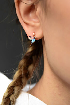 925 Ayar Gümüş Rose Kaplama Akua Mor Taşlı Çivili Kuş Küpe