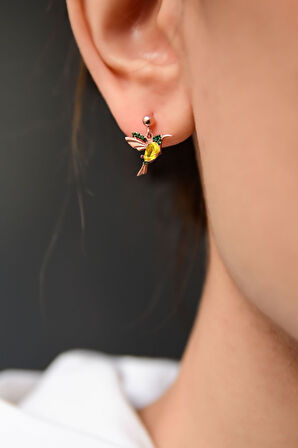 925 Ayar Gümüş Rose Kaplama Sarı Yeşil Taşlı Çivili Kuş Küpe