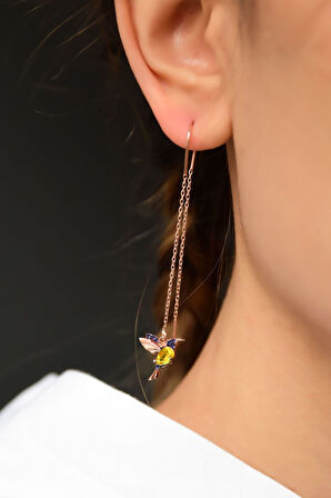 925 Ayar Gümüş Rose Kaplama Sarı Mor Taşlı Zincir Kuş Küpe