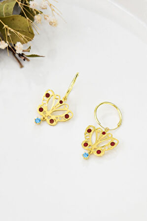 925 Ayar Gümüş Altın Kaplama Akua Taşlı Kelebek Halka Küpe