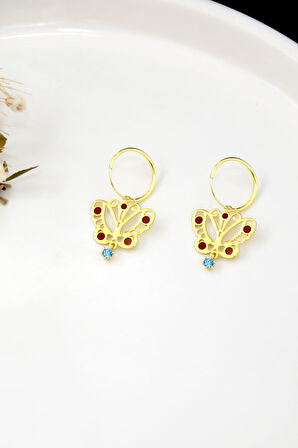 925 Ayar Gümüş Altın Kaplama Akua Taşlı Kelebek Halka Küpe