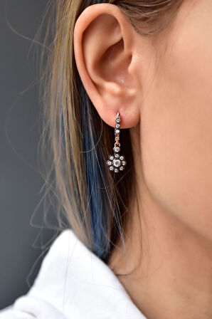 925 Ayar Gümüş Rose Kaplama Elmas Montür Çiçek Küpe