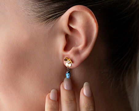 925 Ayar Gümüş Gold Renk Yonca Küpe Uğur Böceği Sallantılı