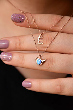 925 Ayar Gümüş Rose Kaplama Harf Ve Opal Taşlı Kuş Asansör Kolye