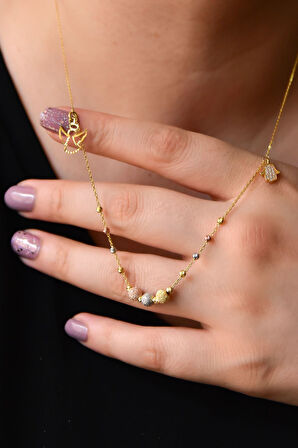 925 Ayar Gümüş 3 Renk Akışlı Sim Dorika Fatma Eli Ve Melek Kolye