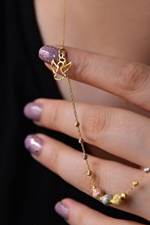 925 Ayar Gümüş 3 Renk Akışlı Sim Dorika Fatma Eli Ve Melek Kolye