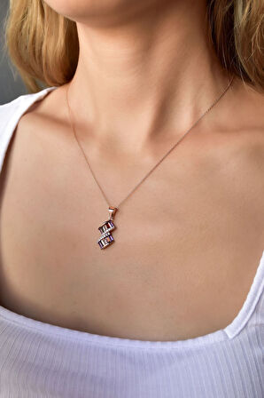 925 Ayar Gümüş Rose Kaplama Renkli Baget Taşlı Kolye