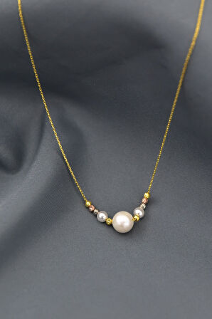 925 Ayar Gümüş Üç Renk Dorika Toplu Incili Kadın Kolye Uvpts100002