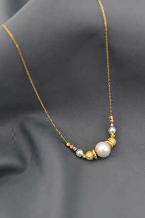 925 Ayar Gümüş Sim Üç Renk Dorika Toplu Incili Kadın Kolye