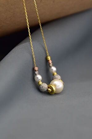 925 Ayar Gümüş Sim Üç Renk Dorika Toplu Incili Kadın Kolye Uvpts100005