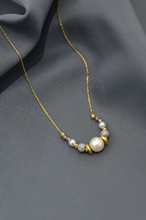 925 Ayar Gümüş Sim Üç Renk Dorika Toplu Incili Kadın Kolye Uvpts100005