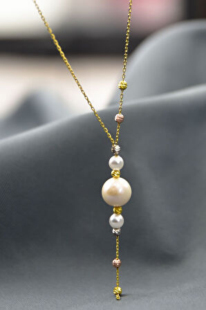 925 Ayar Gümüş Akışlı Üç Renk Dorika Toplu Incili Kadın Kolye