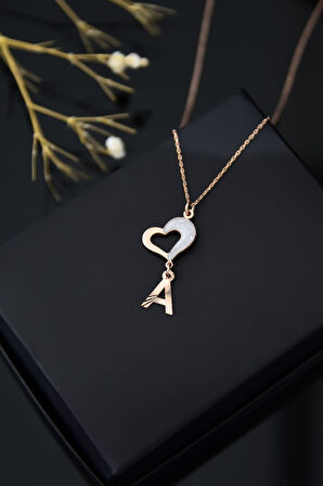 925 Ayar Gümüş Rose Kaplama Kristal A Harfli Sedef Mineli Kalp Kadın Kolye