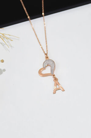 925 Ayar Gümüş Rose Kaplama Kristal A Harfli Sedef Mineli Kalp Kadın Kolye