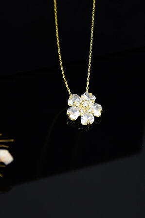 925 Ayar Gümüş Gold Kaplama Zirkon Taşlı Unutma Beni Çiçeği Kadın Kolye