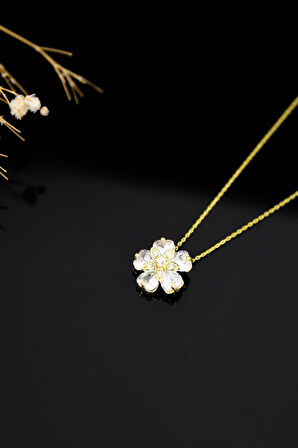 925 Ayar Gümüş Gold Kaplama Zirkon Taşlı Unutma Beni Çiçeği Kadın Kolye